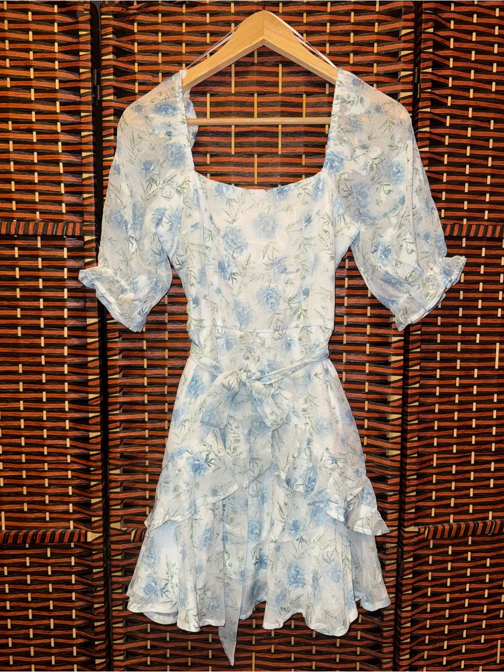 Light Blue Floral Tie-Waist Romper Dress